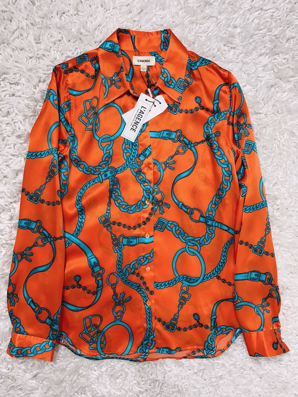 NWT L'Agence Buckle Chain Tyler Silk Blouse In Orangeteal Buckle Chain - Picture 6 of 7